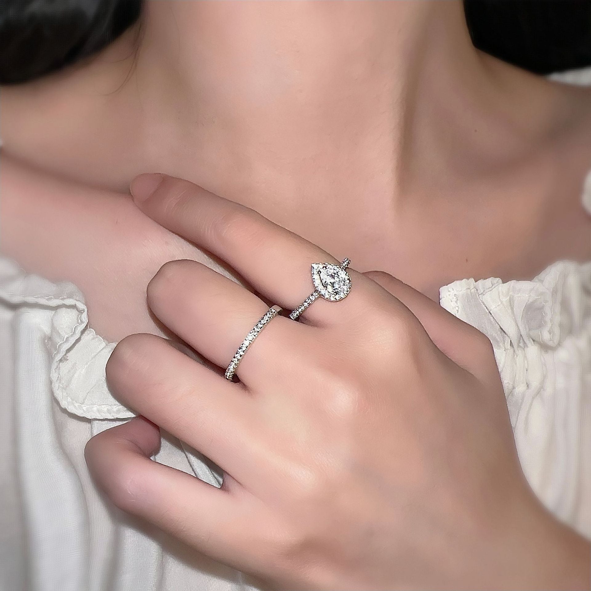 Love Heart-shaped Ring White Gold Plated Diamond Ring Set